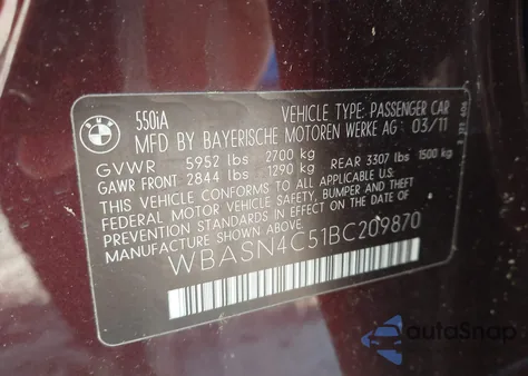 2011 BMW 550I Gran Turismo z USA, uszkodzony, nr VIN WBASN4C51BC209870